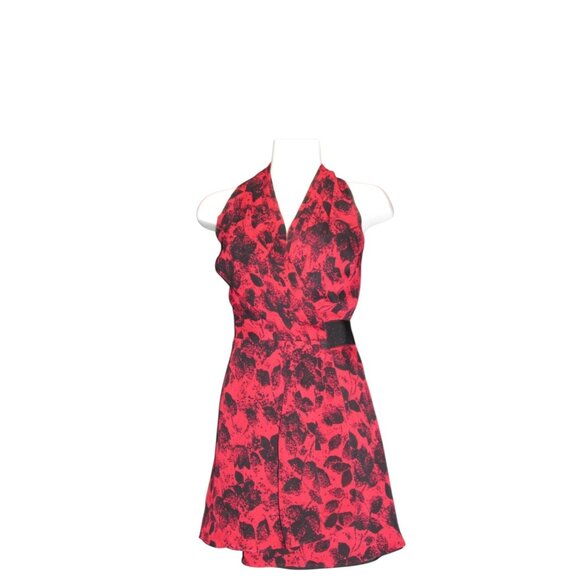 BCBGeneration Red Floral Mini Wrap Dress Sz Small Womens Red & Black Side Wrap - Picture 16 of 16